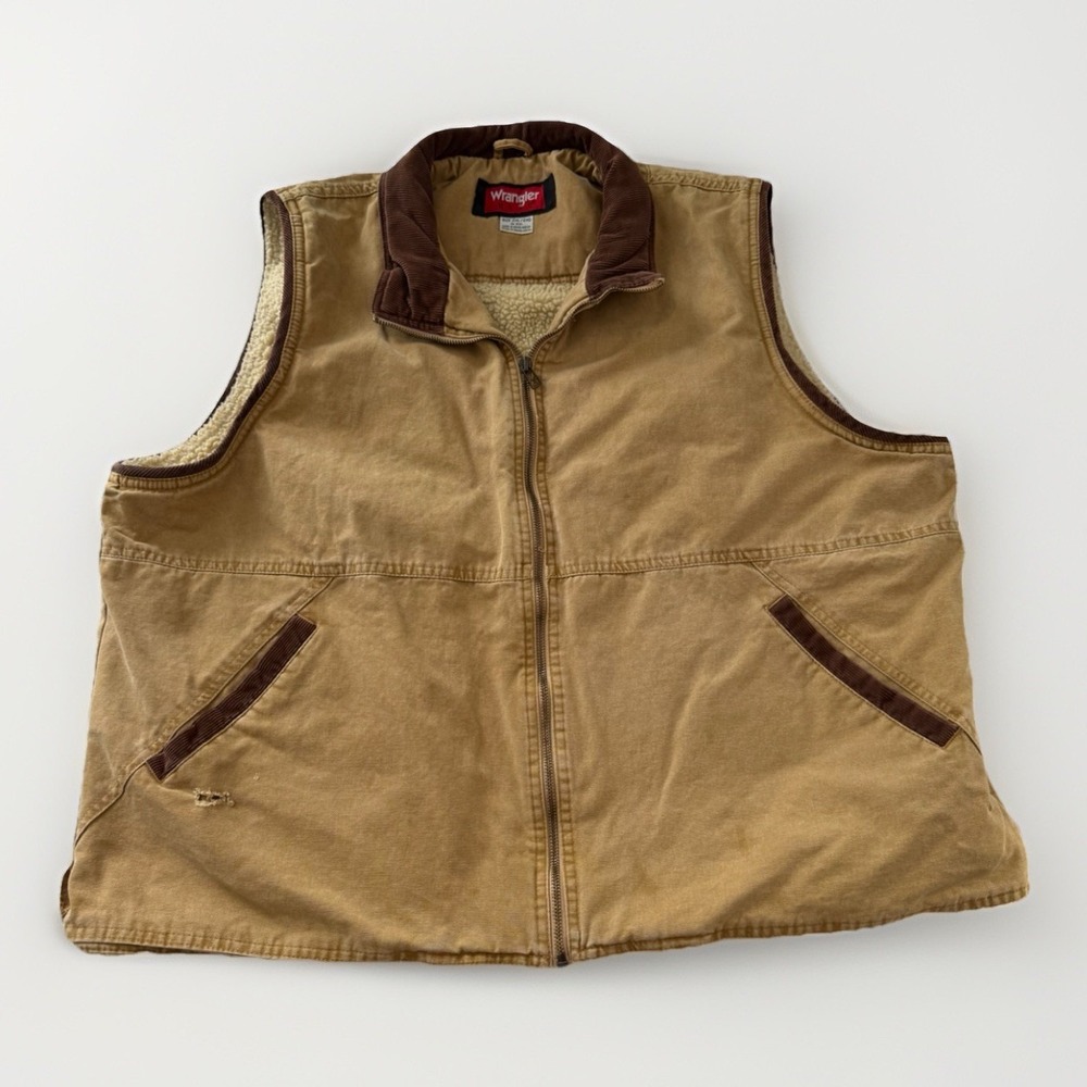 Vintage Wrangler Hero Sherpa Vest 2XL‎ Tan Thrashed Workwear Utility Grunge